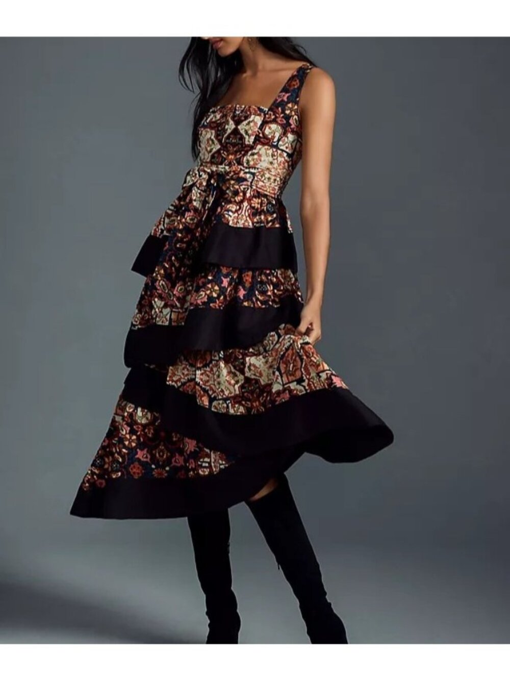 Anthropologie Square Neck Tiered Midi Dress Boho Chic Country Whimsy Womens M